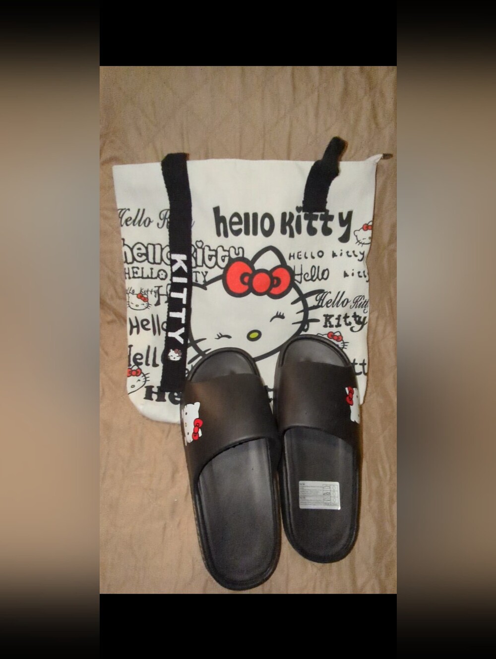 Hello Kitty White Tote Bag with Black Hello Kitty Slides